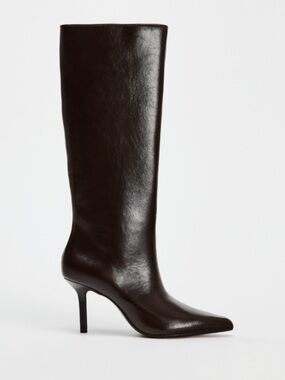 Zara Tall Pointed-Toe Leather Knee Boots - Dark Brown